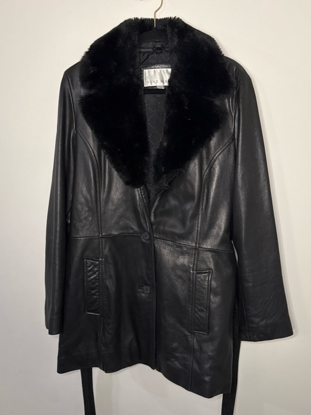 Nine West Black Leather Jacket with Plush Faux Fur Collar